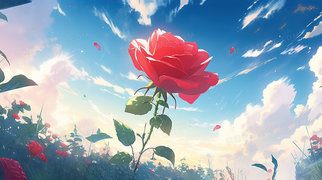 唯美春季蓝天白云下的红玫瑰插画