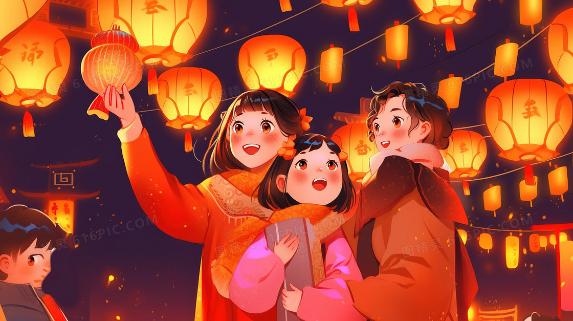 古镇春节在集市快乐赏花灯猜灯谜的人们插画