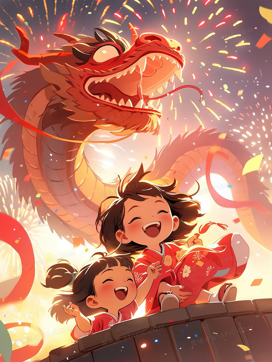 可爱中国龙和孩子们插画