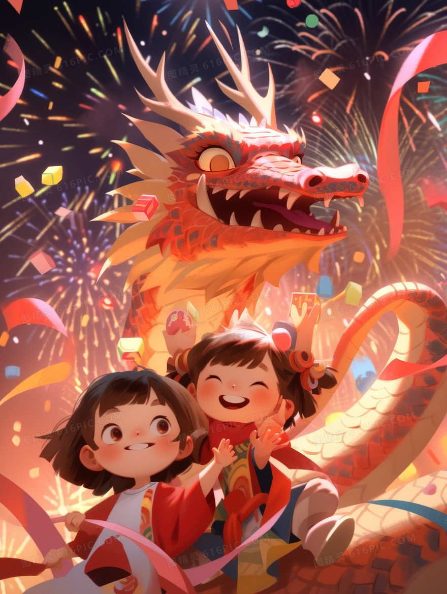可爱中国龙和孩子们插画
