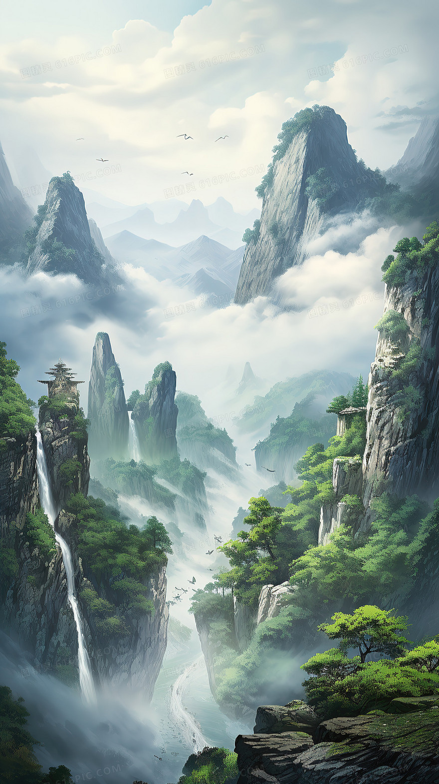 中国风唯美春季山川河流风景插画