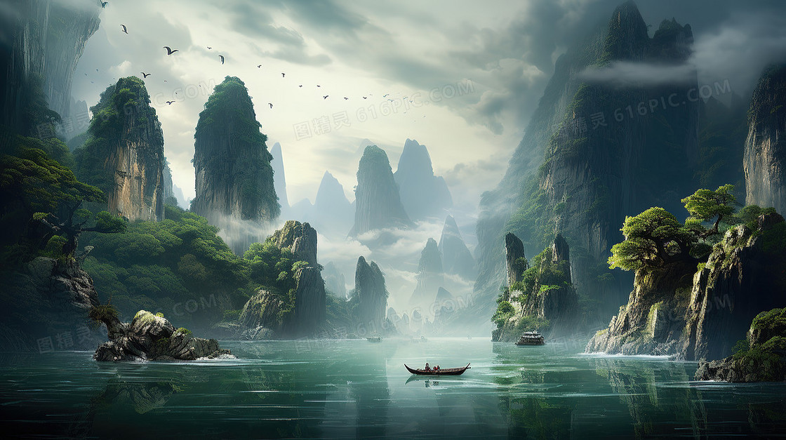 中国风唯美春季山水帆船风景插画