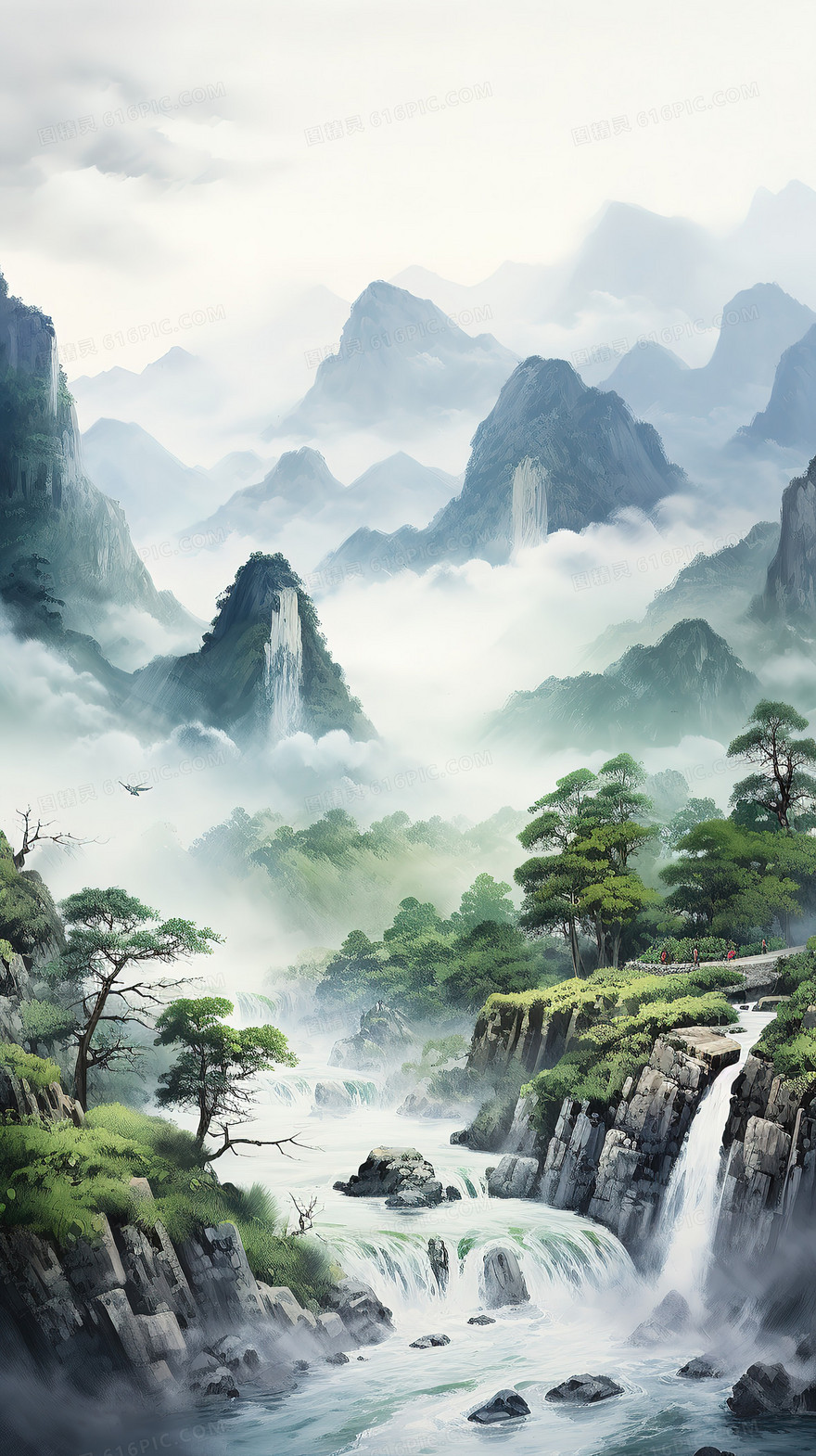 绿色中国风唯美春季山水风景插画