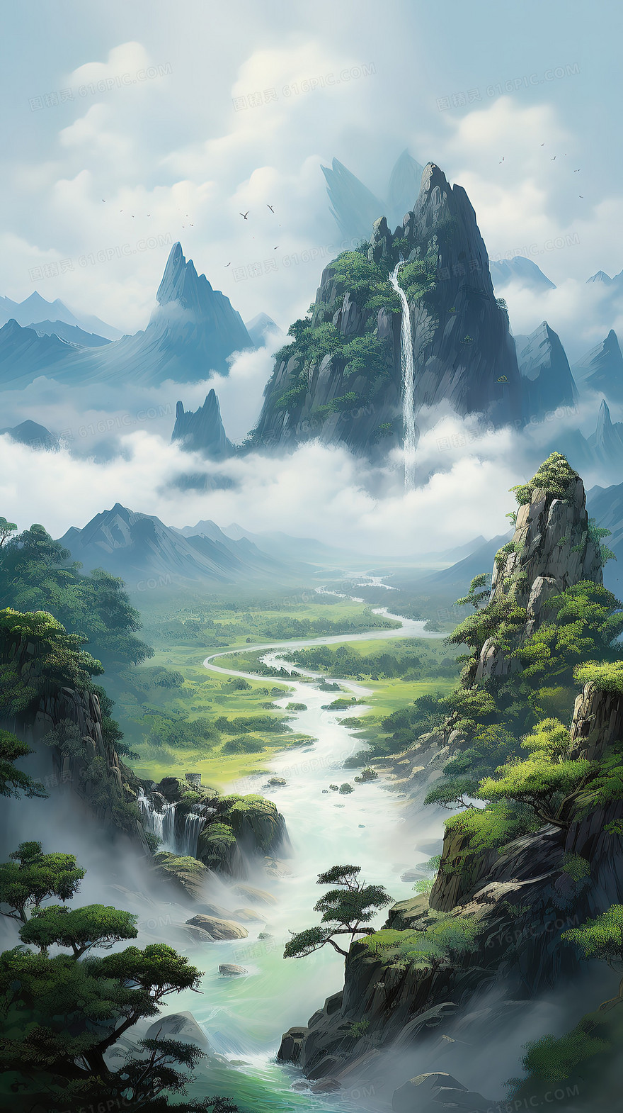 中国风唯美春季山川河流风景插画