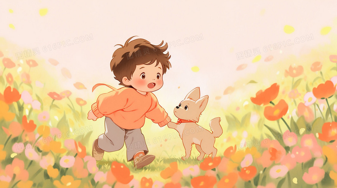 春天鲜花丛中的孩子和小动物插画