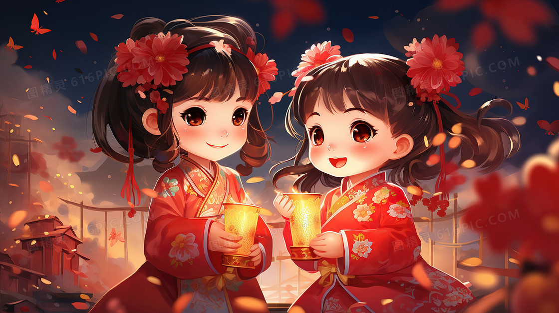 元宵节两个汉服女孩手拿花灯插画
