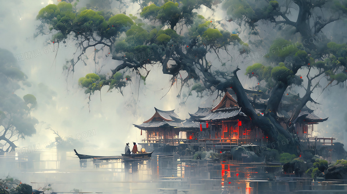 烟雨蒙蒙的江南美景插画