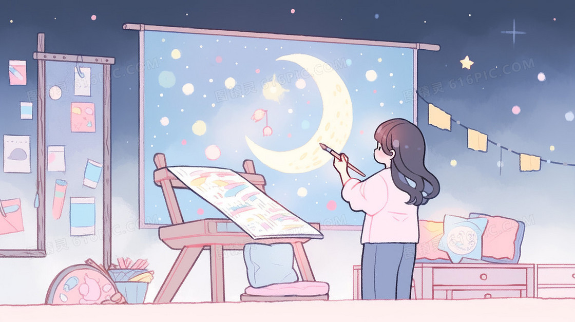 小女生在房间里的画板前绘画月亮的插画