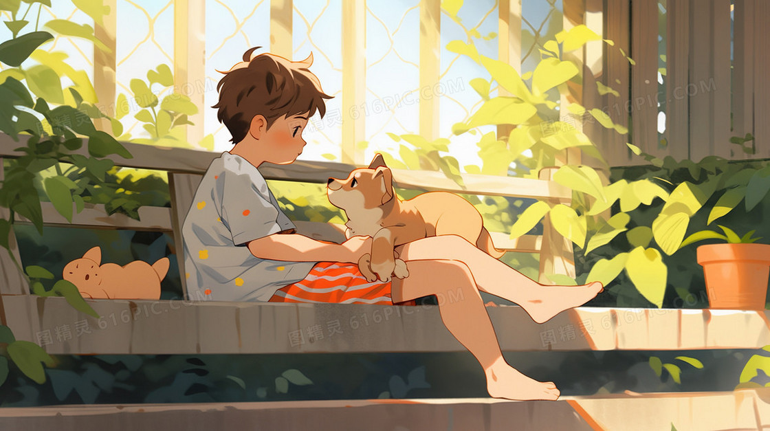 庭院长椅上的小男孩与小狗插画