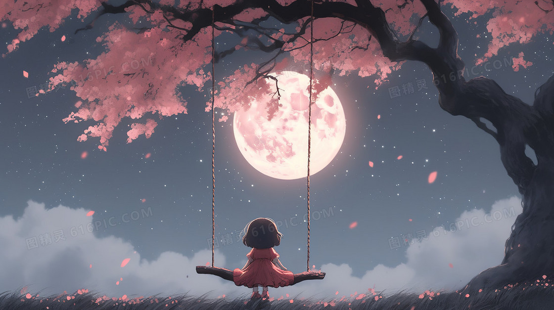 月光下一个可爱的女生在树下荡秋千插画