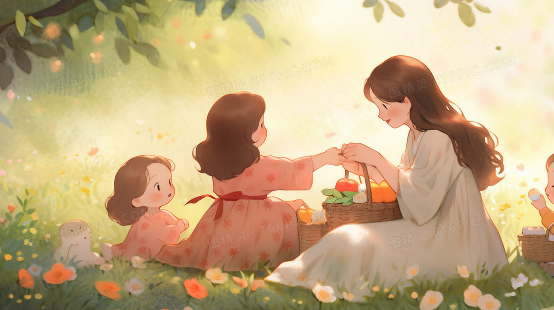 母亲带着女儿们郊外野餐插画
