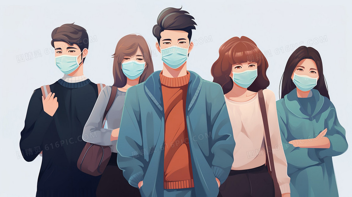 戴口罩的一群人插画