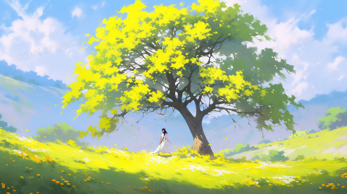 春季青青草原上的一棵树插画