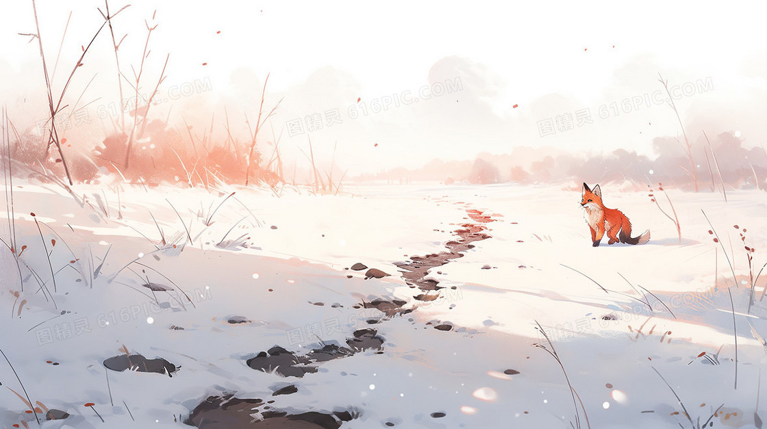 冬天雪地里美丽的红狐雪景插画