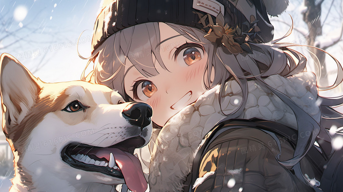 冬天可爱的女生和狗狗的雪景插画