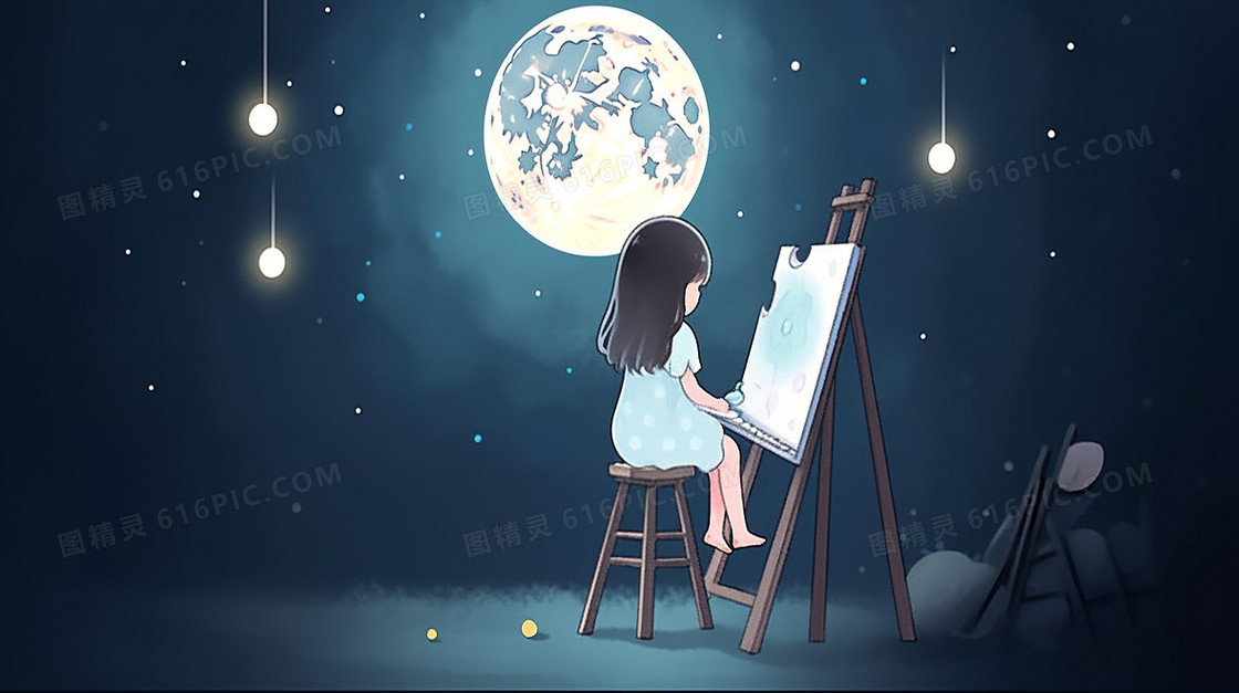 可爱的小女生在月光下画板前画画的插画