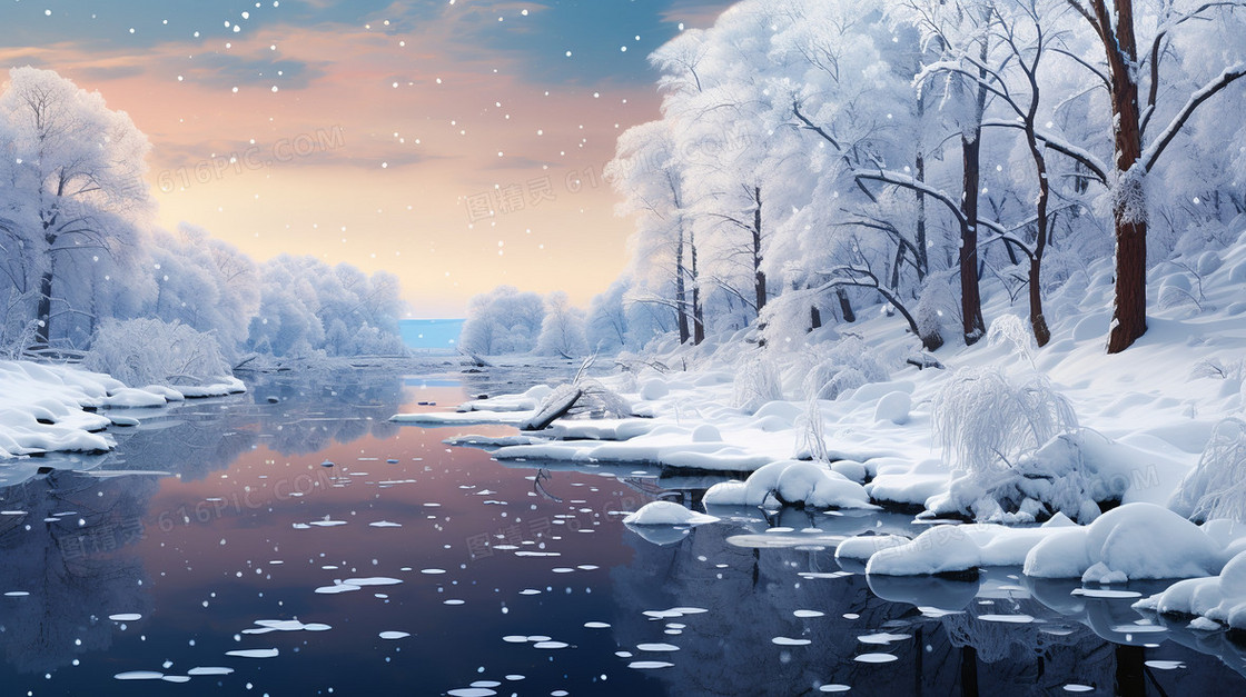 冬天河边树木上美丽的晚霞雪景插画