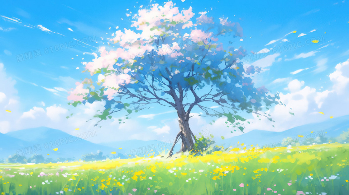 春季青青草原上的一棵树插画