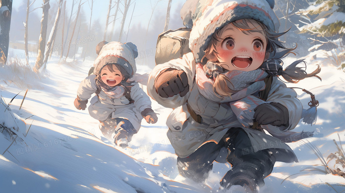 冬天树林里雪地上两个可爱的孩子追赶打闹雪景插画