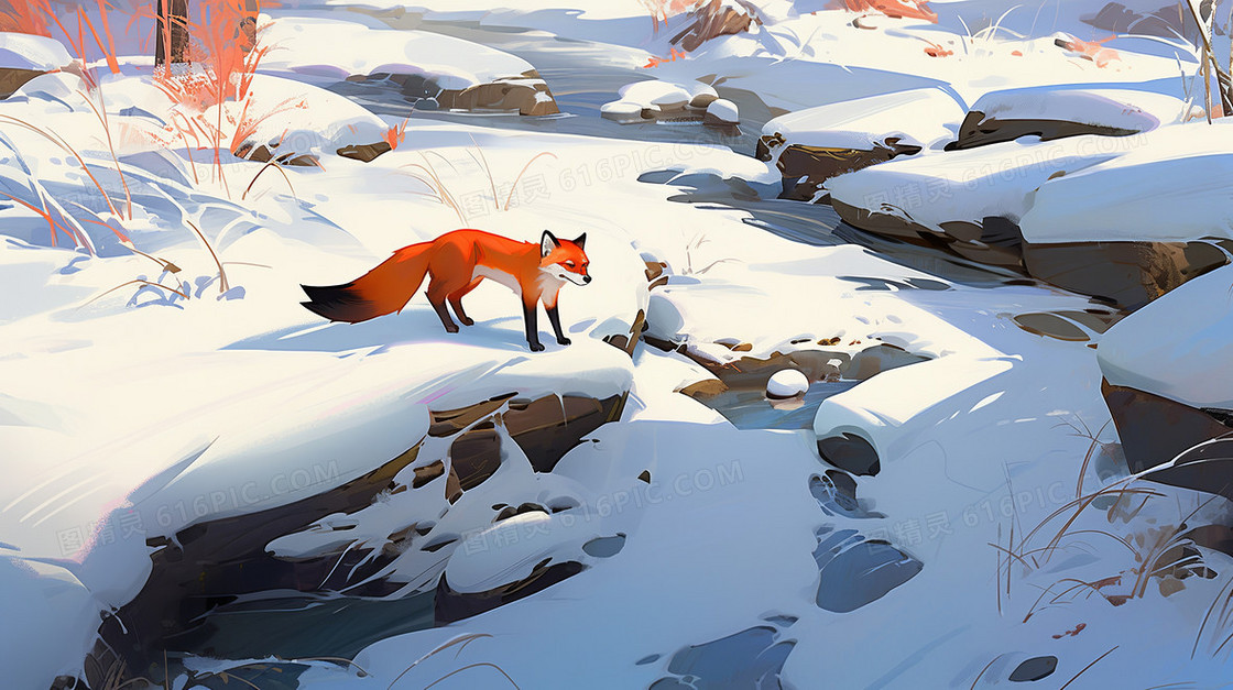 冬天雪地里小溪边美丽的红狐雪景插画