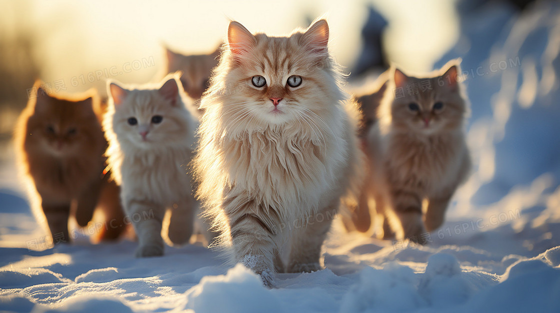 冬天雪地里一群猫咪大走来雪景插画