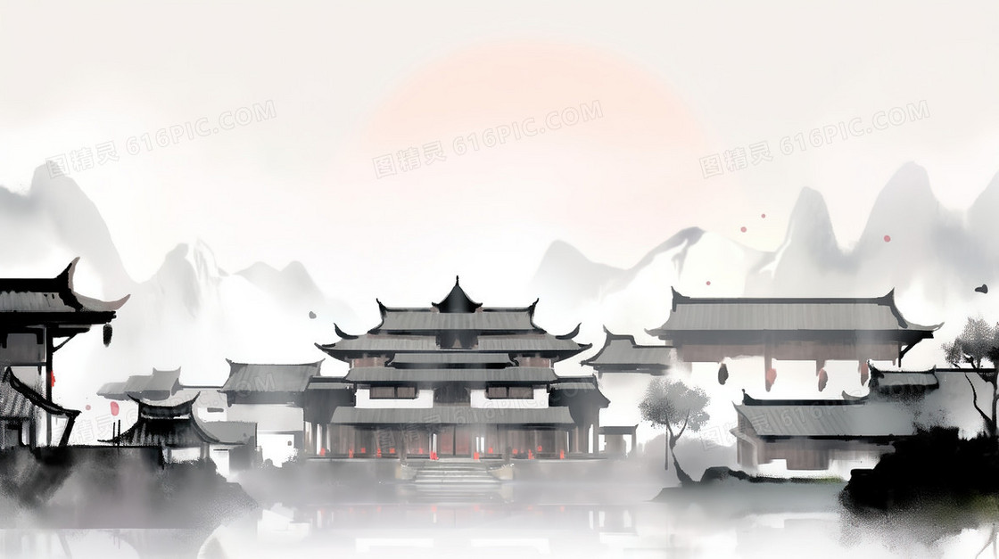 中国阁楼建筑插画