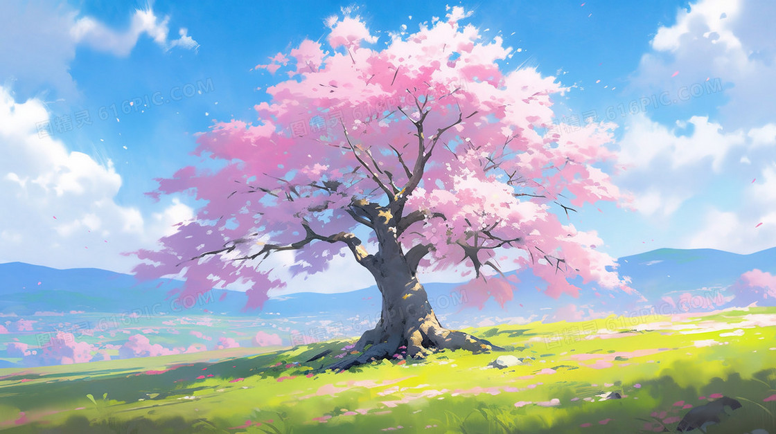 春季青青草原上的一棵樱花树插画