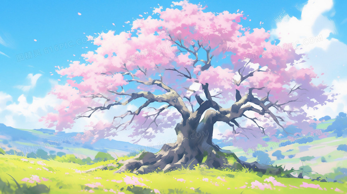 春季青青草原上的一棵樱花树插画