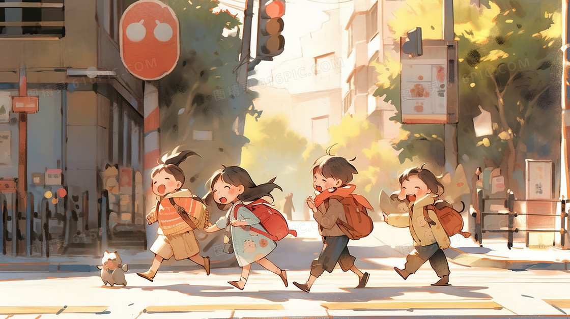 一群小学生放学过马路插画