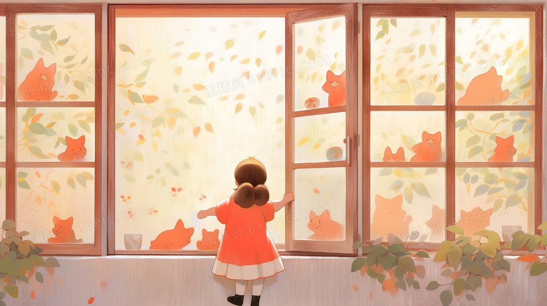 窗户前看花草的小孩插画