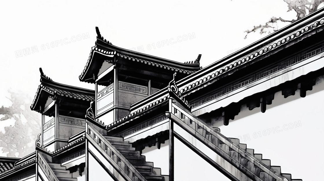 中国阁楼建筑插画