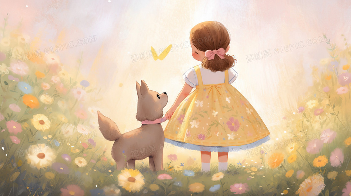 鲜花丛中的女孩和小狗插画