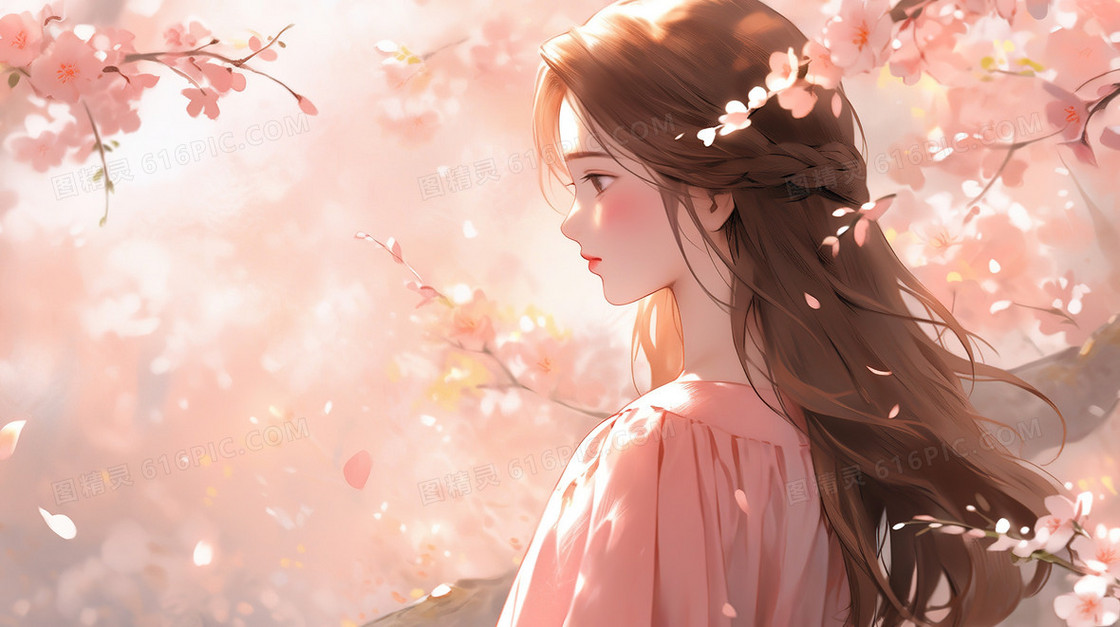 春天粉色鲜花盛开树林里的漂亮女孩插画