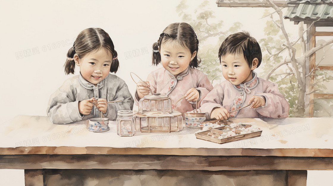 农村玩耍的小孩子插画