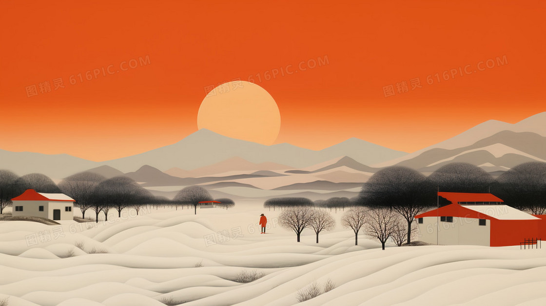 橙色冬季风景田野插画