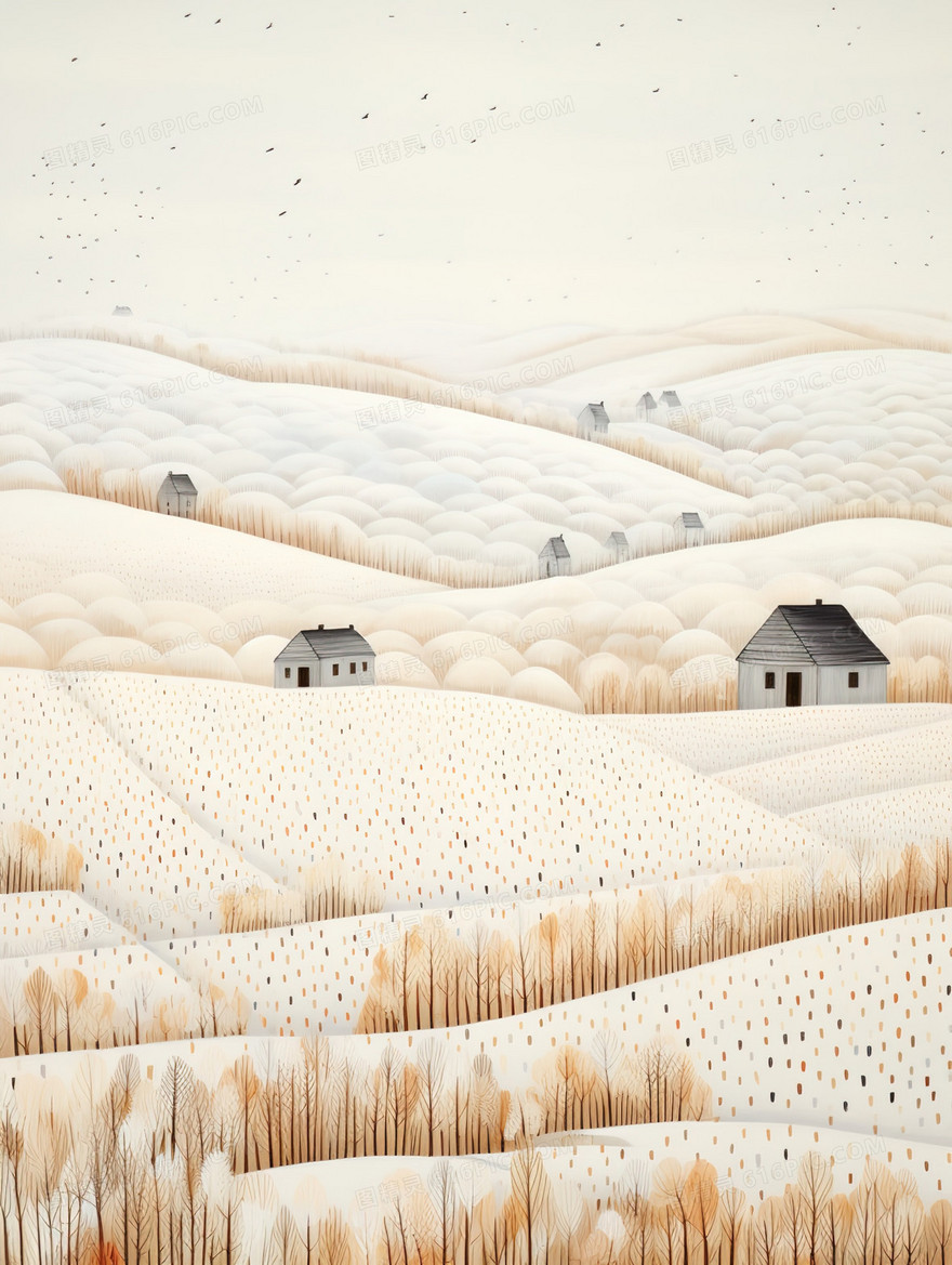 冬季村庄田野风景插画