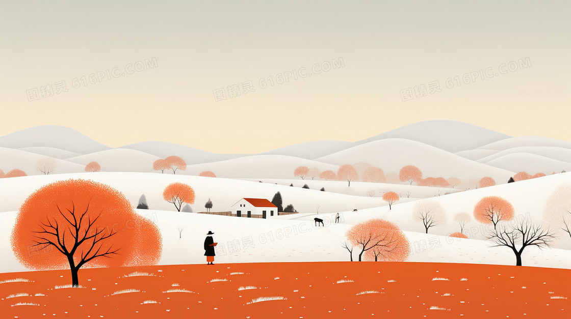 橙色冬季风景田野插画