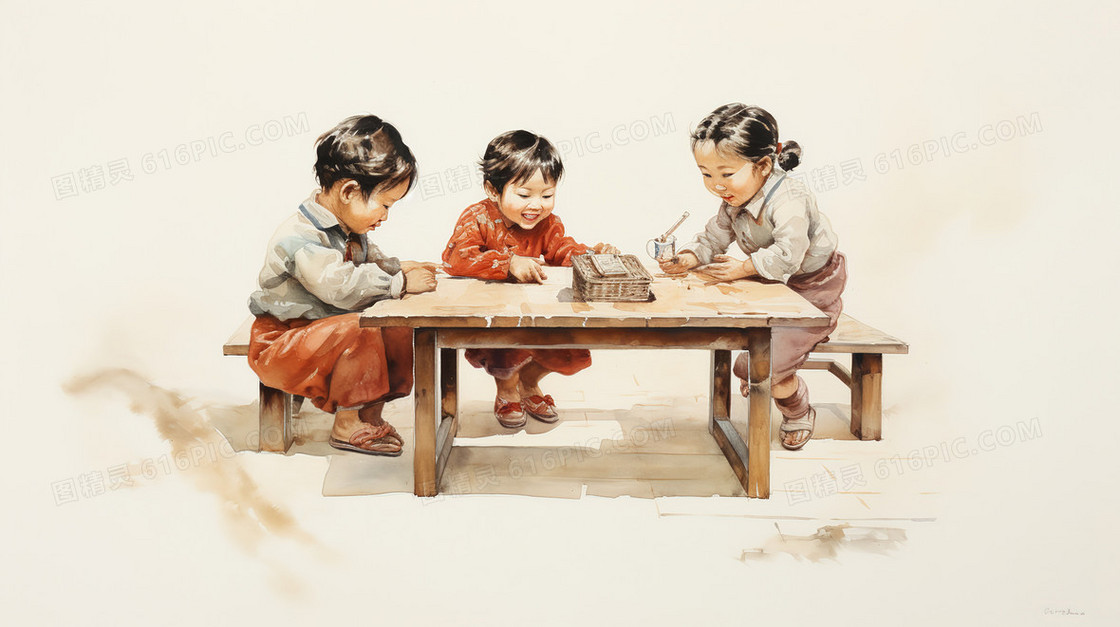 农村玩耍的小孩子插画