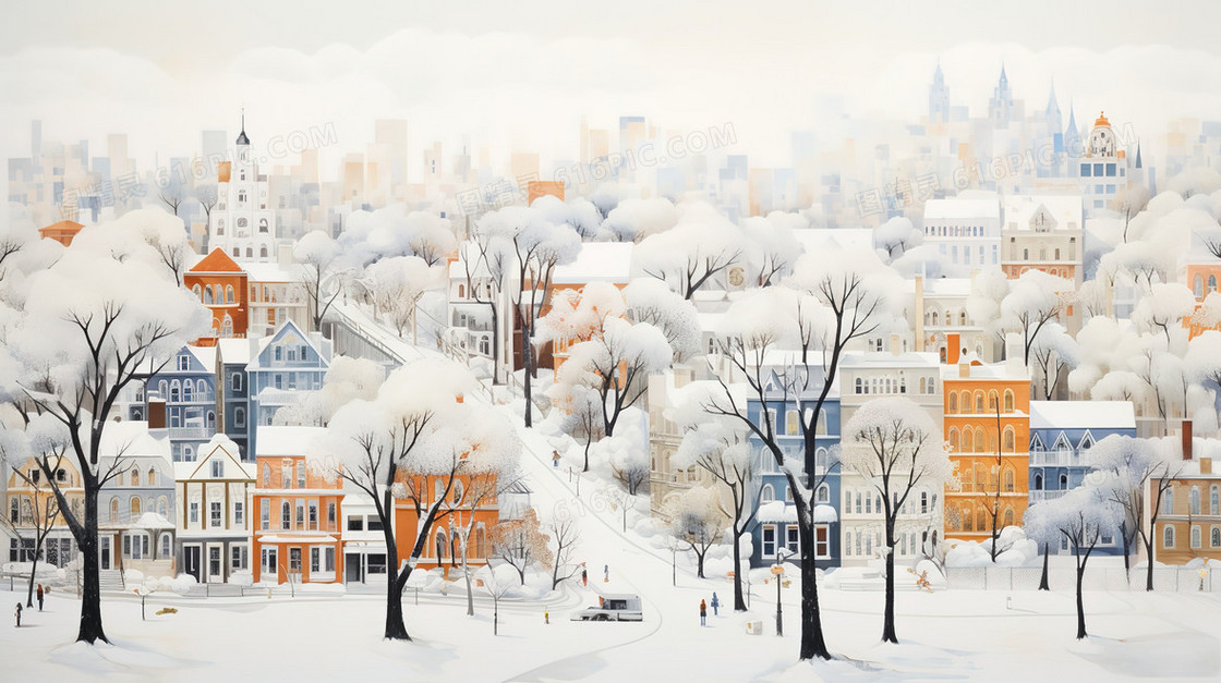 冬季城市建筑雪景风景插画