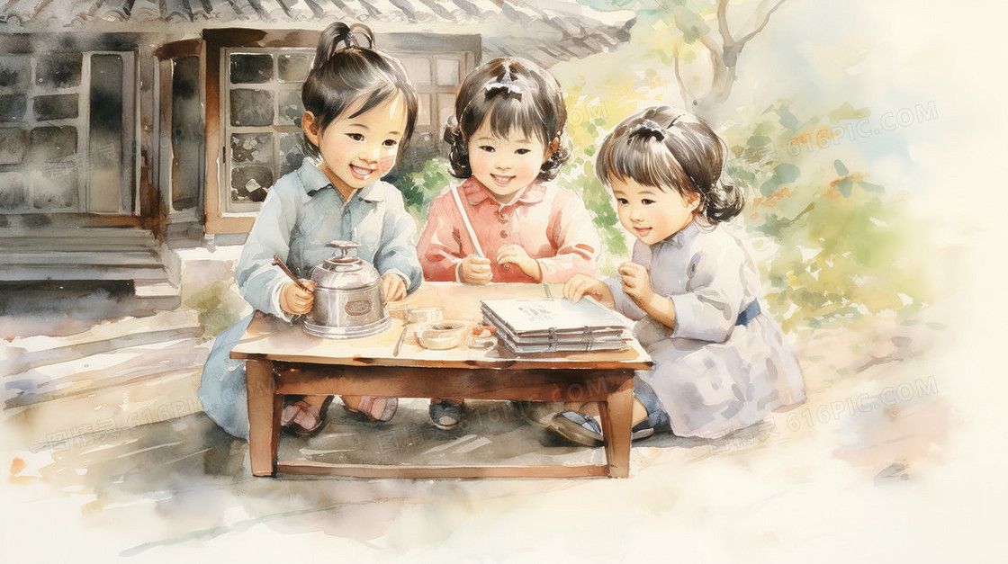农村玩耍的小孩子插画