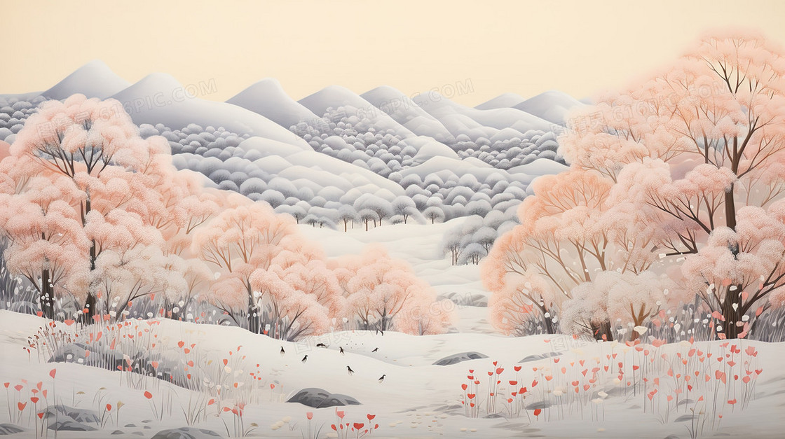 冬季雪地里的粉色树林风景插画