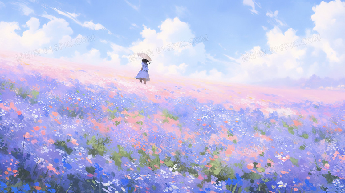 野花田野中的女孩插画