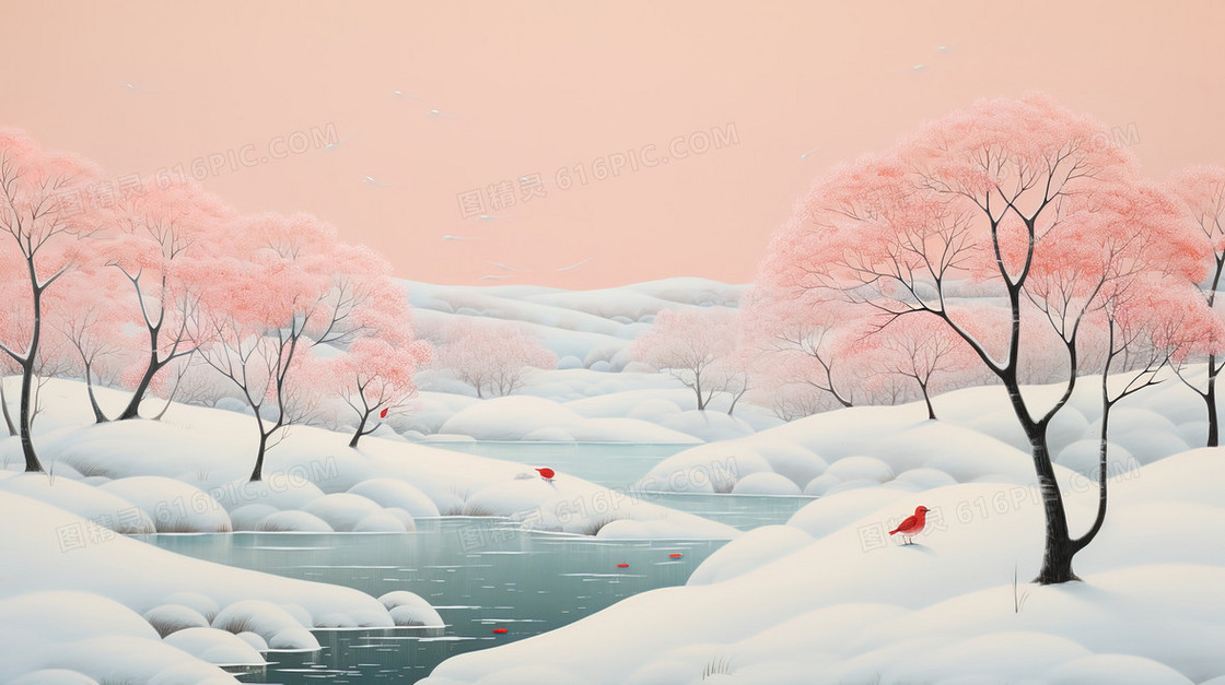 冬季雪地里的粉色树林风景插画