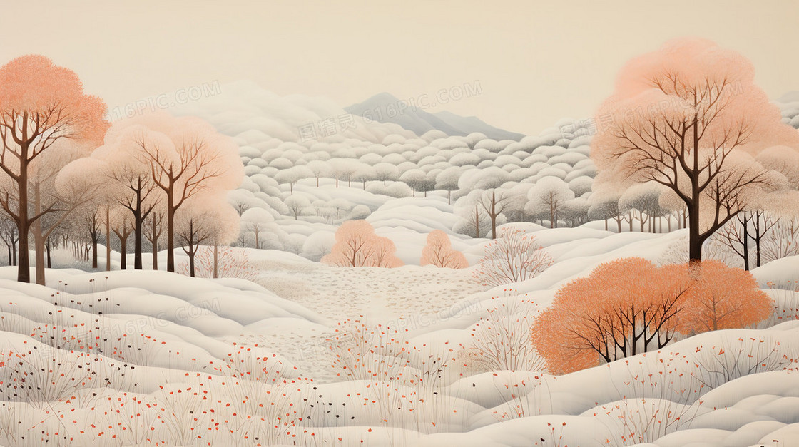 冬季雪地里的粉色树林风景插画