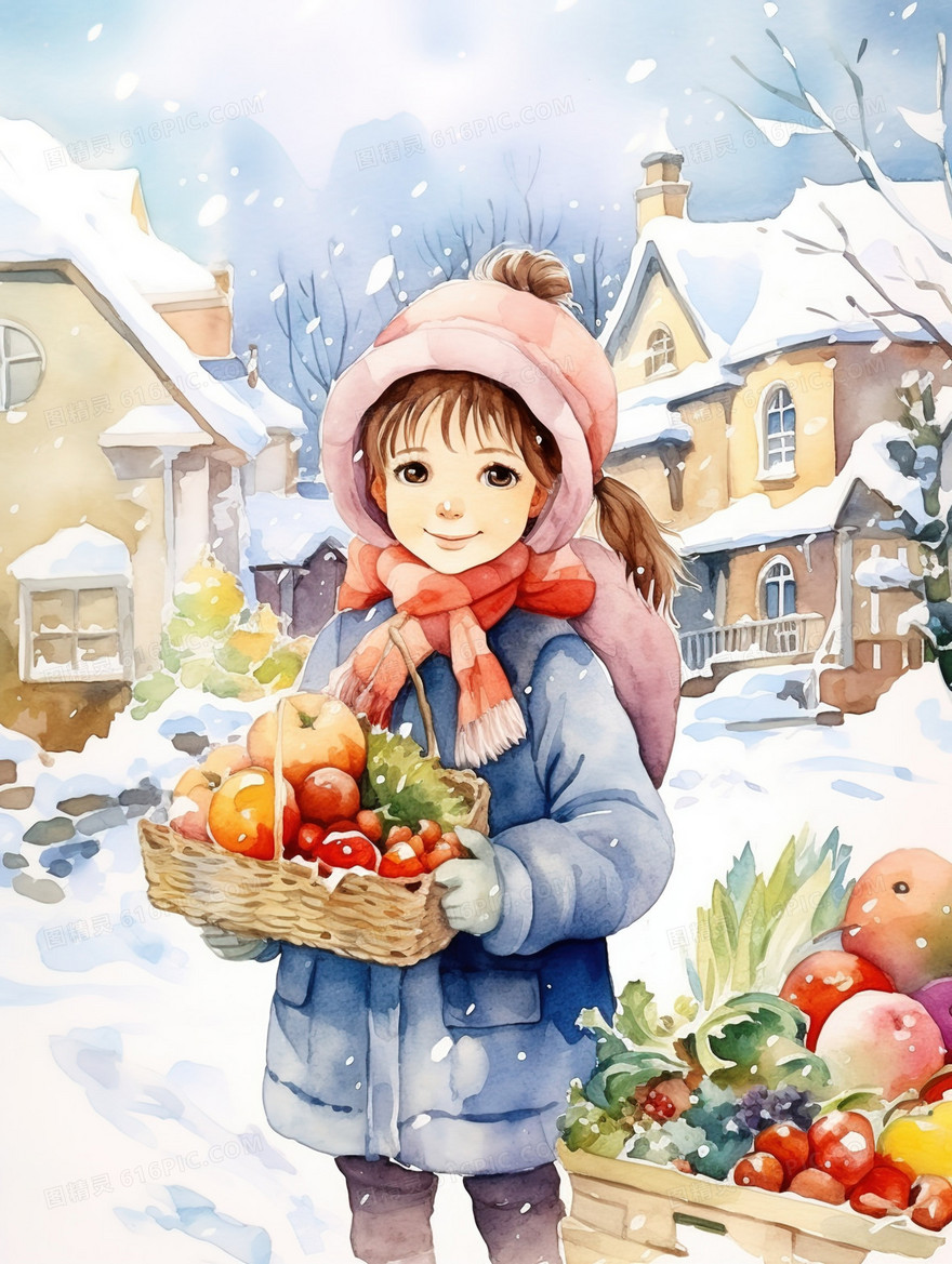 冬日下雪天水果摊位旁的女孩插画
