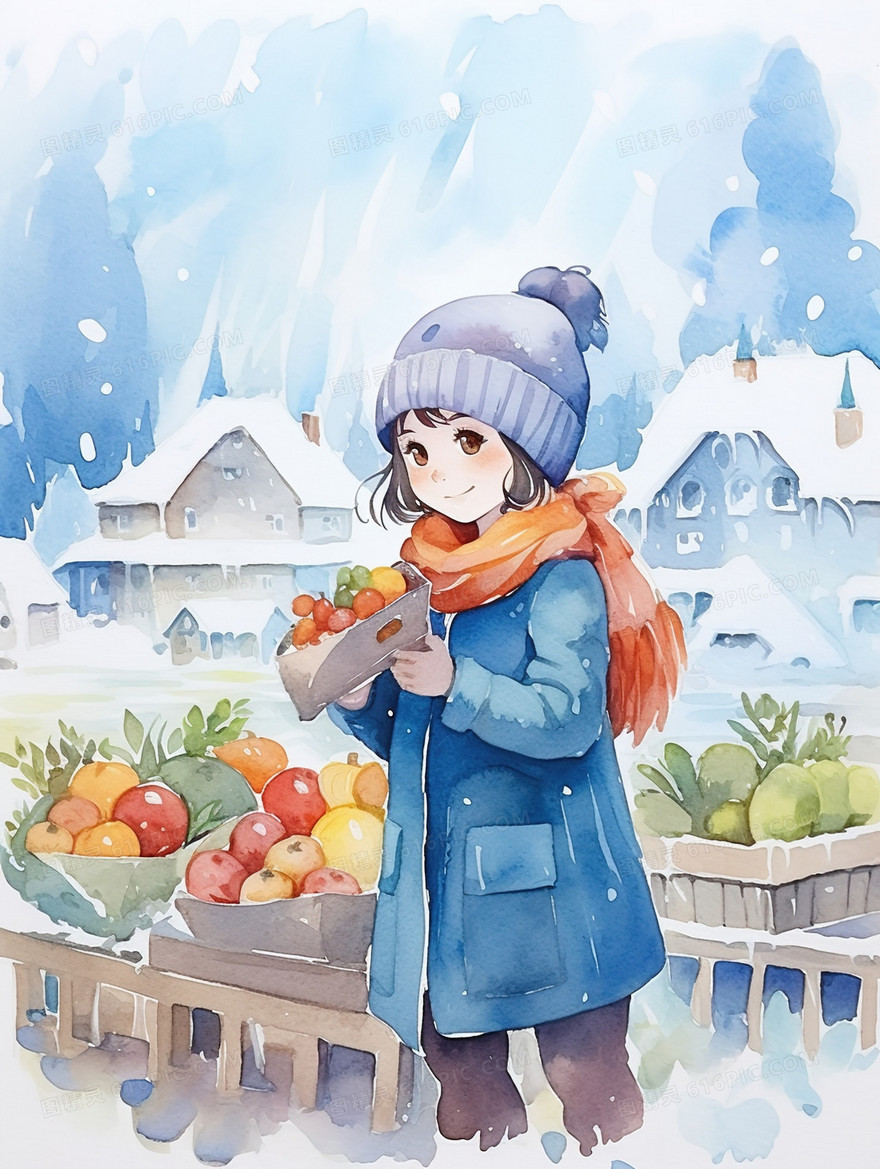 冬日下雪天水果摊位旁的女孩插画