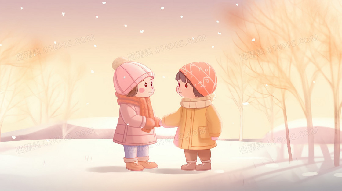 冬日雪地里的可爱小女孩插画