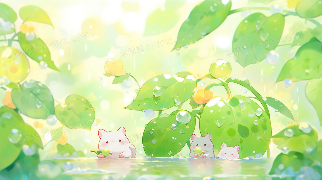 雨天里树叶花朵中的小精灵唯美插画