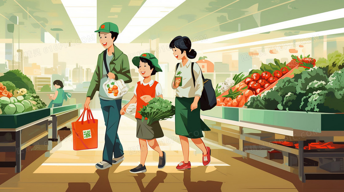 一家人在超市里购买蔬菜温馨插画
