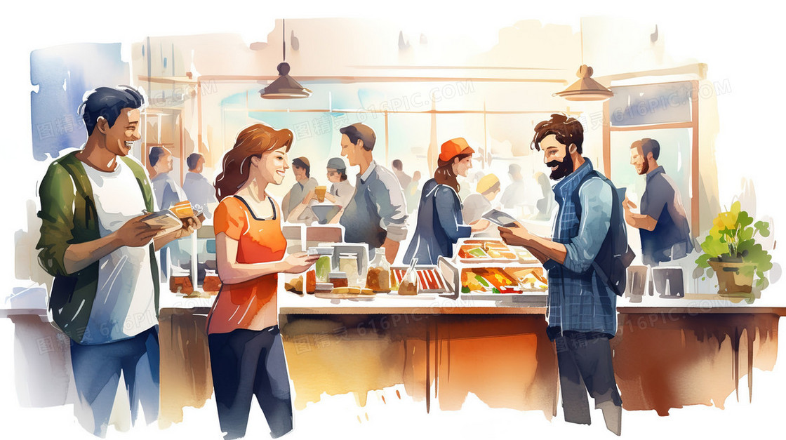 热闹的食品店铺城市建筑插画